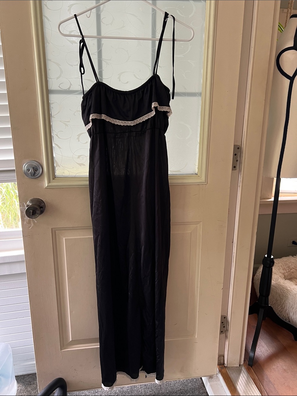 Vintage made in the USA 💯 nylon black with white lace slip dress size M.